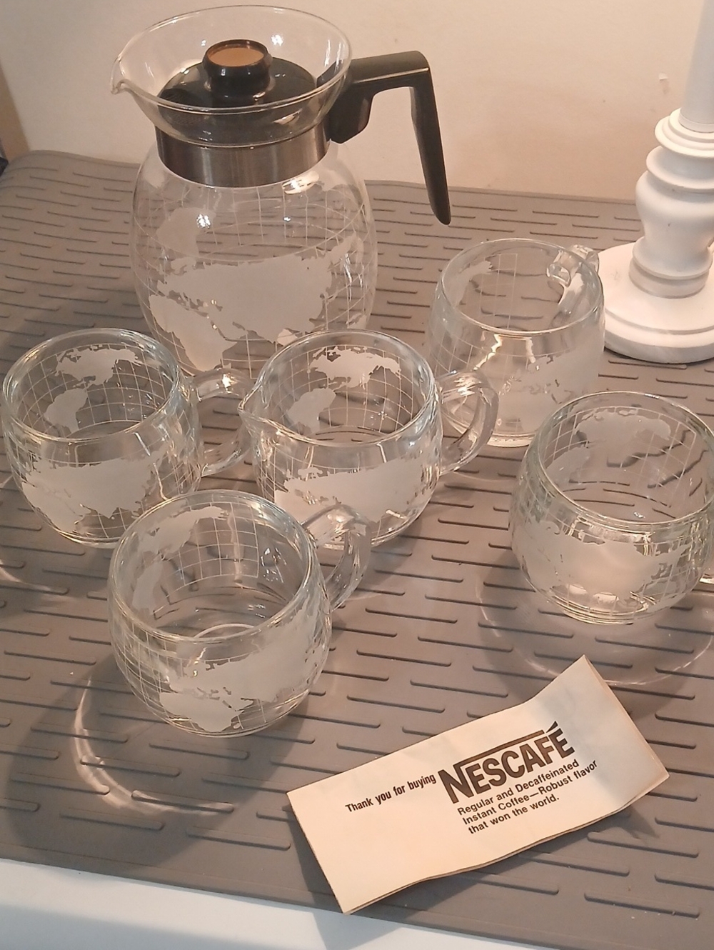 NESCAFE/NESTLE WORLD GLOBE VINTAGE Clear, White, Black, Gold Coffee Set NWT